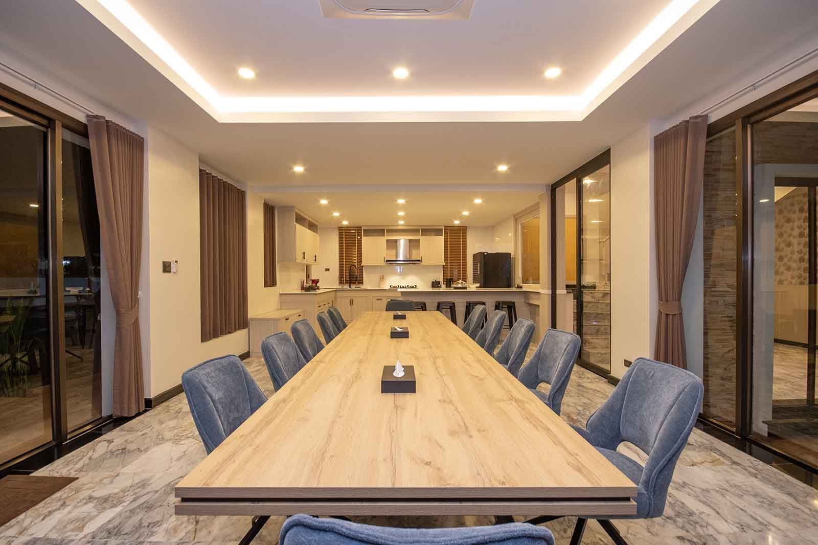 The dining room and kitchen in the evening